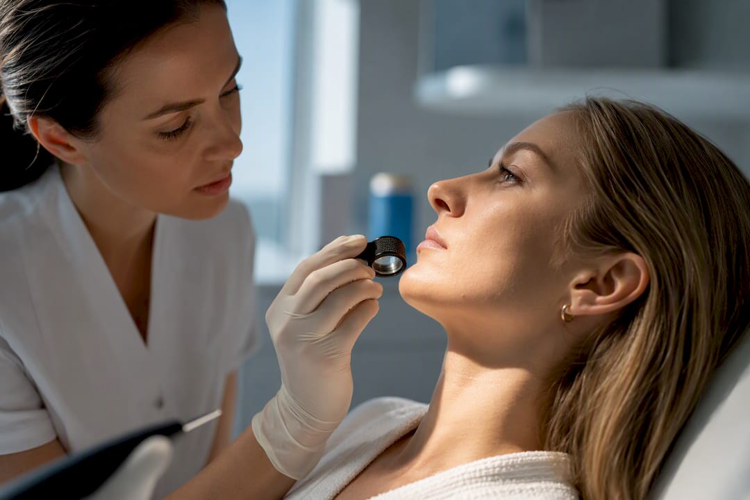 Odborníčka vyšetruje svetlý chĺpok po laserovej epilácii